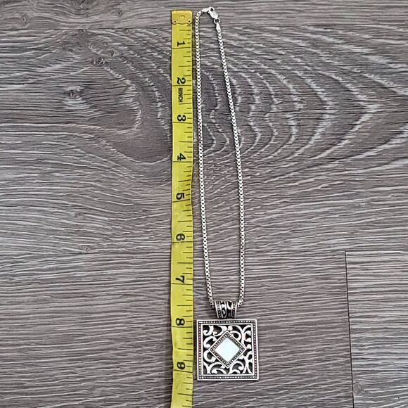 925 Sterling Silver Bali Mother of Pearl Center Square Necklace 16 inch - Picture 6 of 7